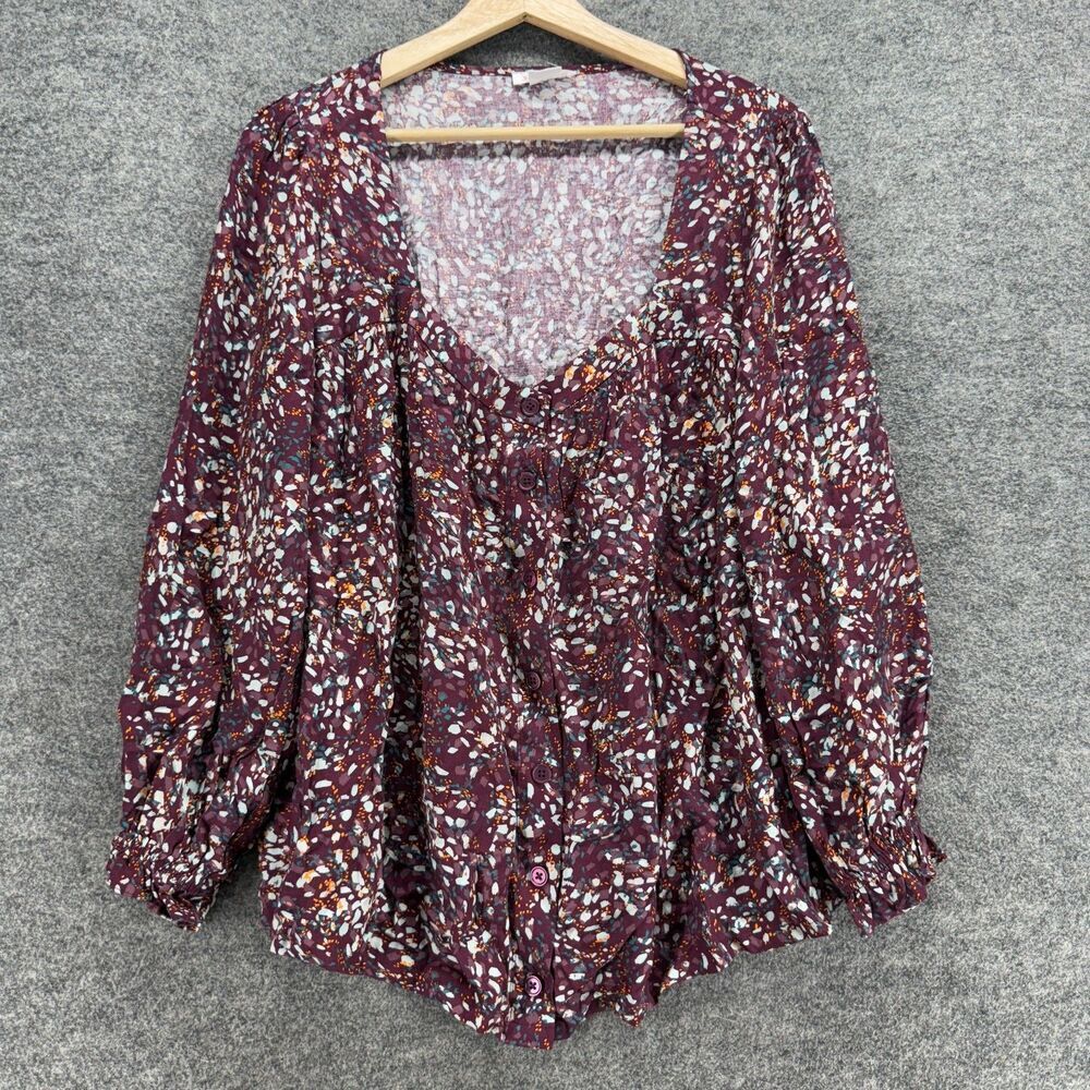 Ingrid & Isabel Top Women L Large Purple Floral Long Sleeve Rayon Button Up
